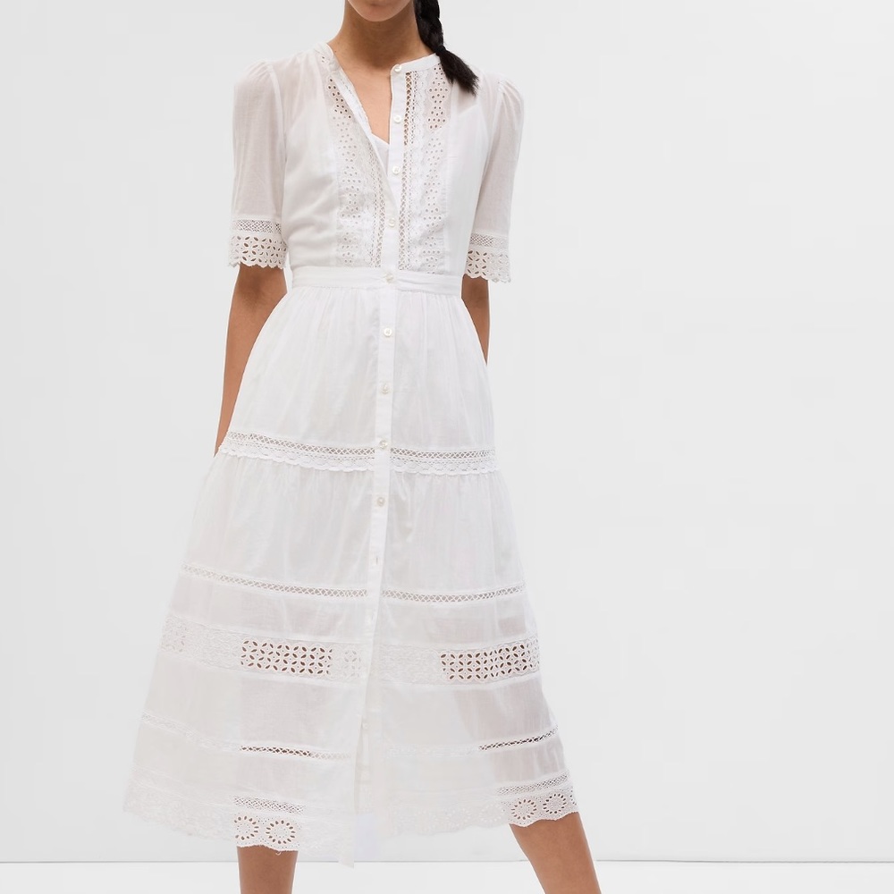 White Lace Button-up Midi Dress